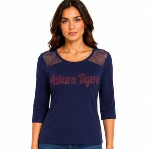 Meesh & Mia Auburn Tigers Top Women Medium New Navy Blue Mesh Studded 3/4 Sleeve